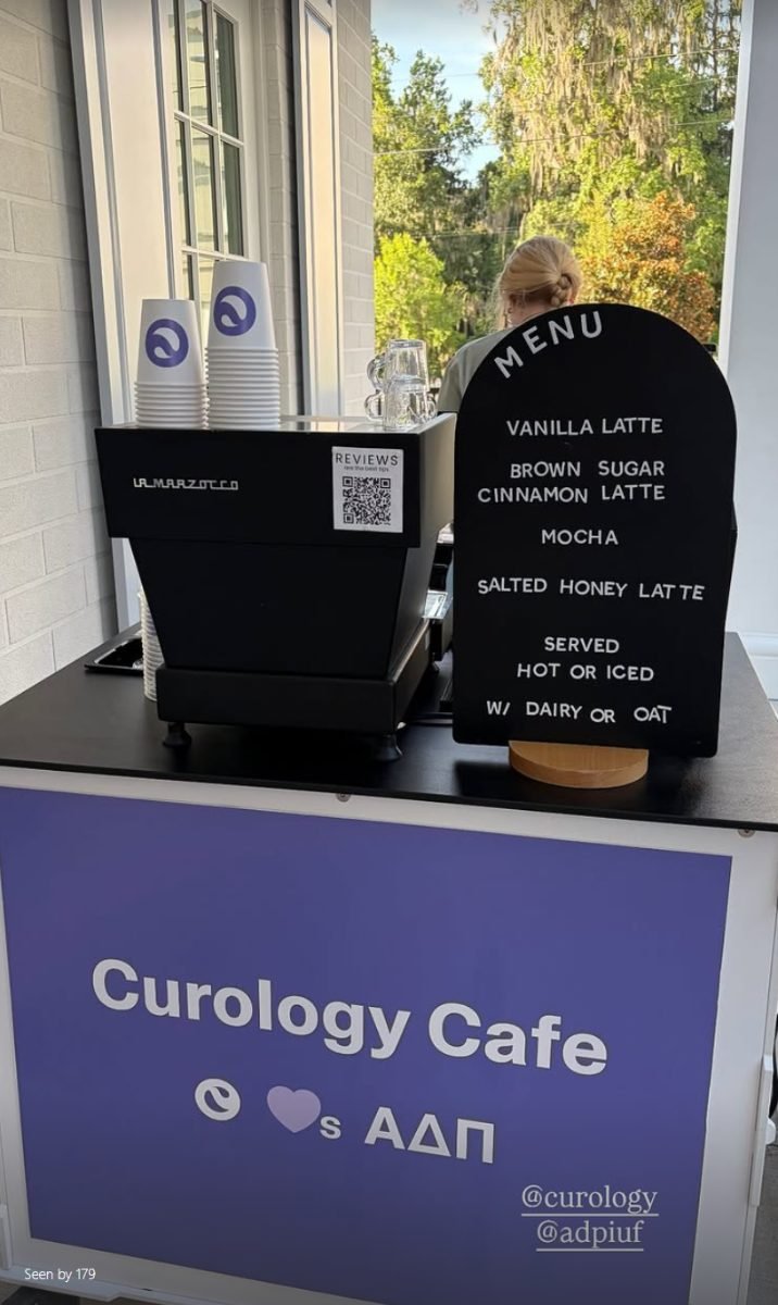 Break Coffee Cart menu board and espresso machine at Curology Cafe event