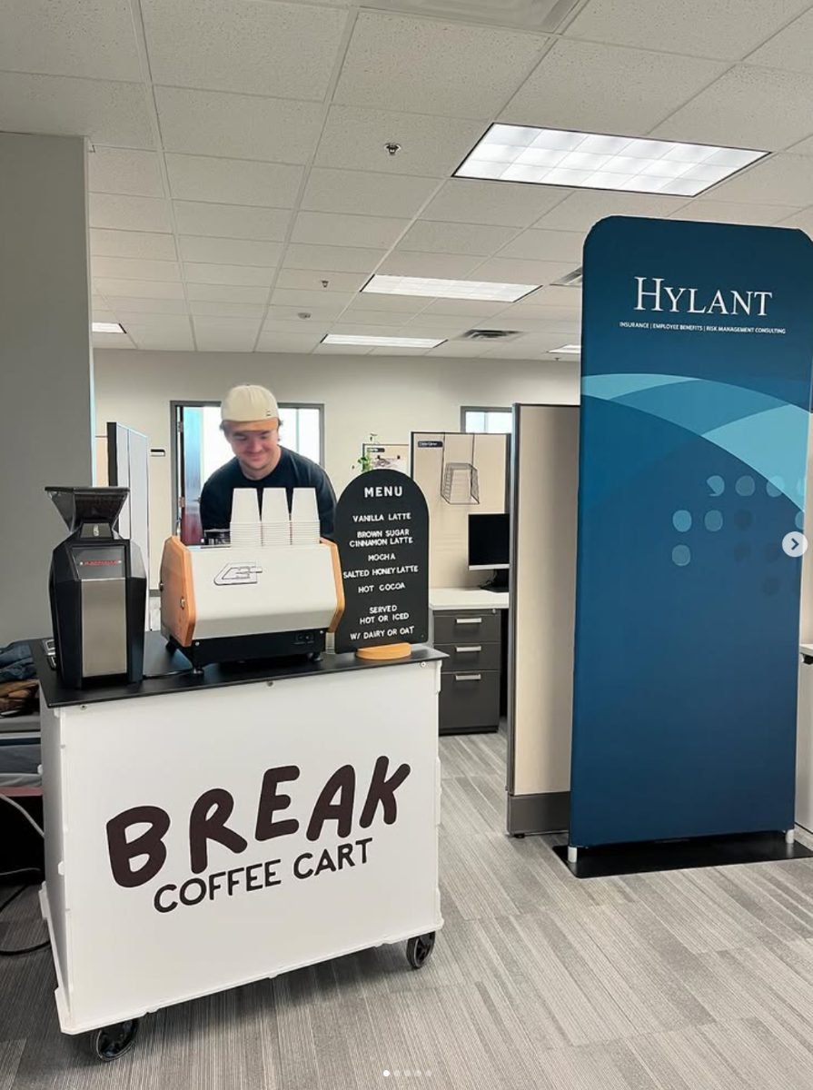 Break Coffee Cart menu board and espresso machine at an office event