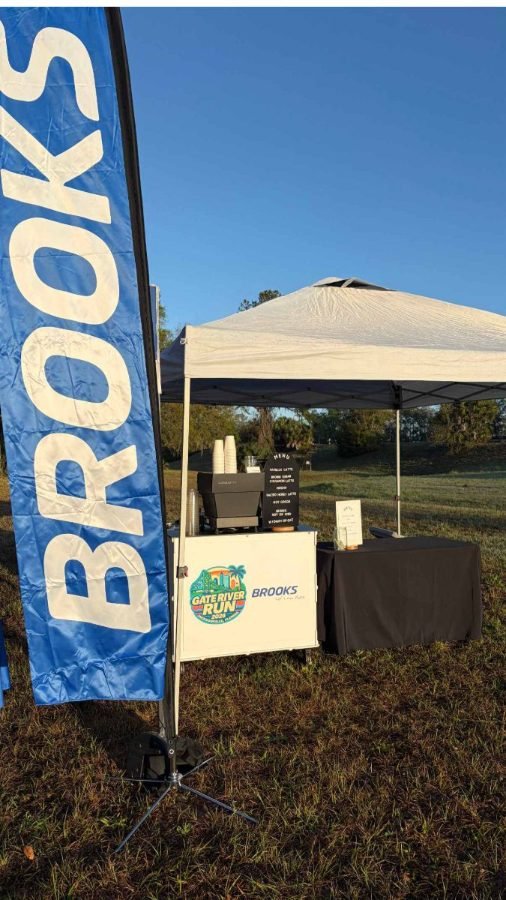 Break Coffee Cart mobile espresso setup with Brooks branding at the Gate River Run brand activation in Jacksonville